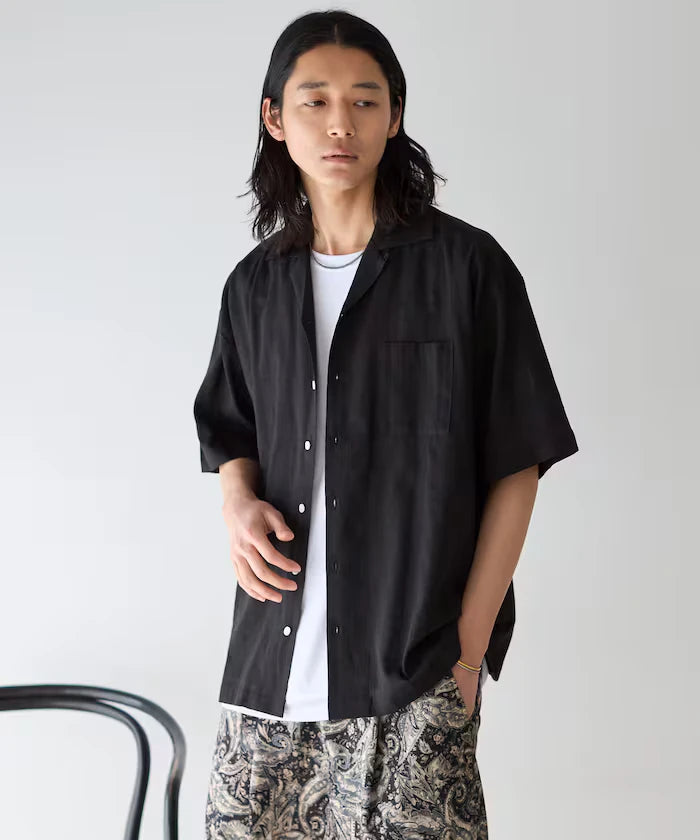 Jacquard Relaxed Fit Open Collar Short Sleeve Shirt Semi-Sheer Dobby Weave