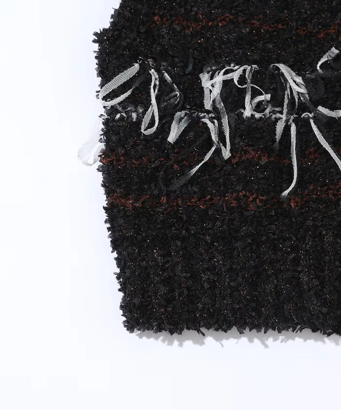 Mixed Material Fringe Knit Vest / Striped Knit Gilet