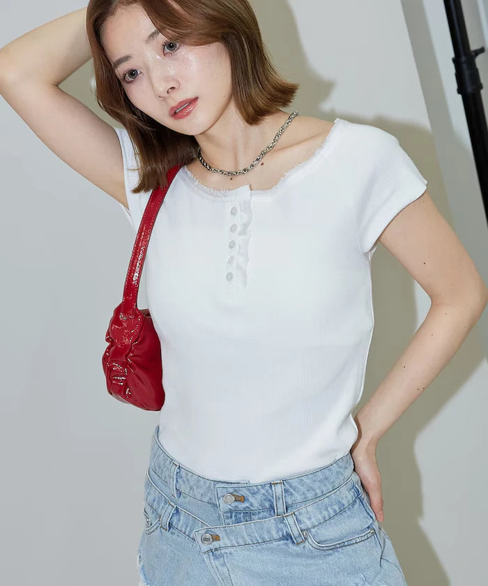 Collar Lace Contrast Henry Rib T-Shirt