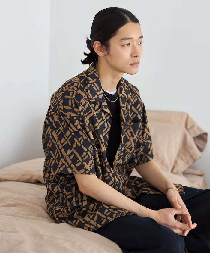 Mesh Open Collar Pattern Short Sleeve Shirt / Allover Design Open Collar Shirt / Big Silhouette