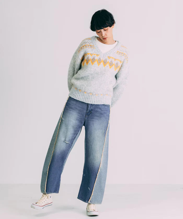 V-neck color block Nordic pattern knit