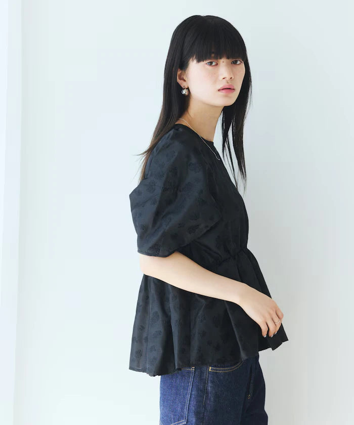 Flower Sheer Jacquard Volume Sleeve Peplum Blouse / 5 Minutes Sleeve
