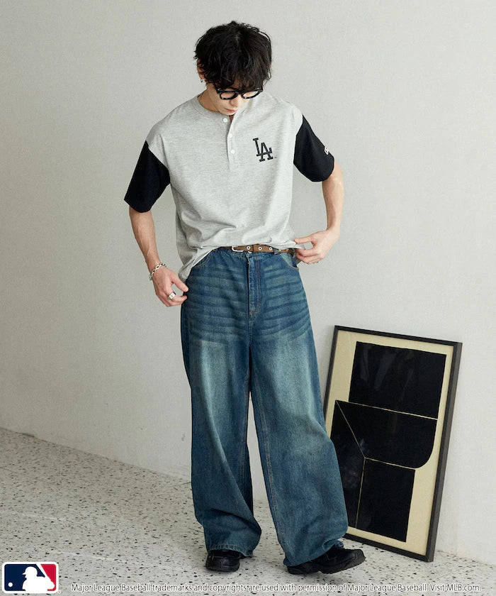 Limited Edition MLB Logo Print Henley Neck Oversized T-Shirt