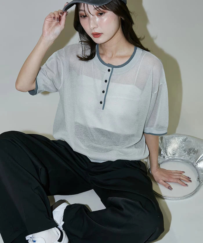Washable linen color block henley neck knit top limited release