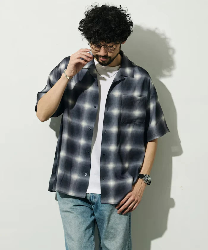 Mesh Open Collar Pattern Short Sleeve Shirt / Allover Design Open Collar Shirt / Big Silhouette
