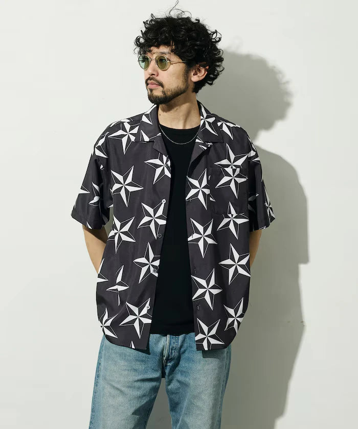 Open Collar Pattern Short Sleeve Shirt