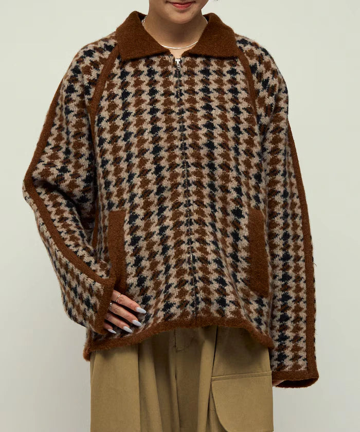 Wool Blend Gancube Check Knit Zip Blouson