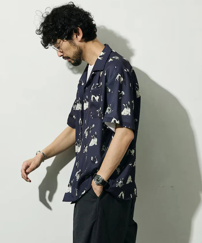 Mesh Open Collar Pattern Short Sleeve Shirt / Allover Design Open Collar Shirt / Big Silhouette