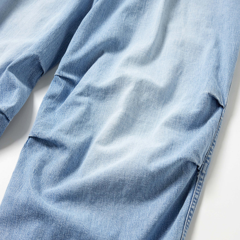 Recycled Waste Suvin Cotton Yarn 10oz. Jelt Denim Knee Tuck Easy Pants Bleach Washed