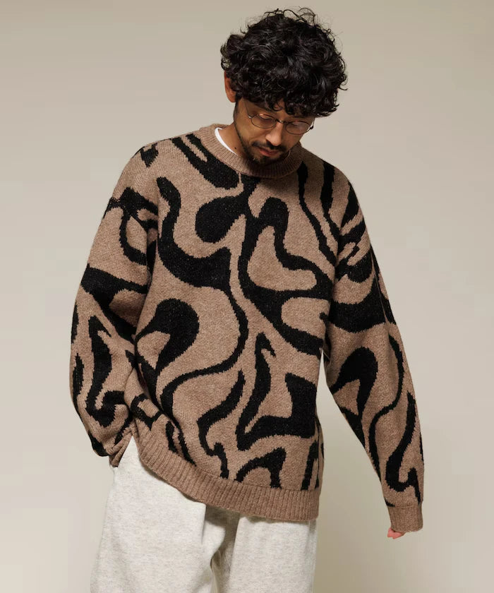 All-over Pattern Double Jacquard Knit Crew Neck Pullover / Relaxed Fit