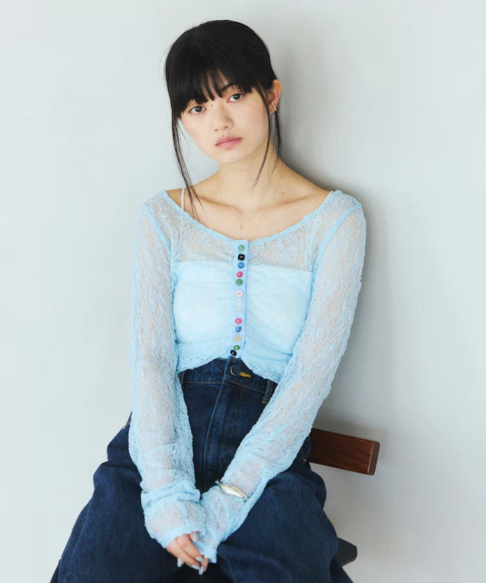 Many Button Lace Shirring Cardigan