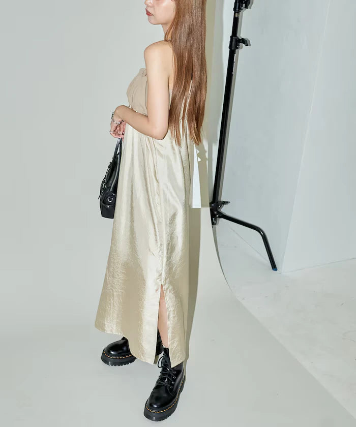 Mixed Material Shirring Satin Dress Limited Release