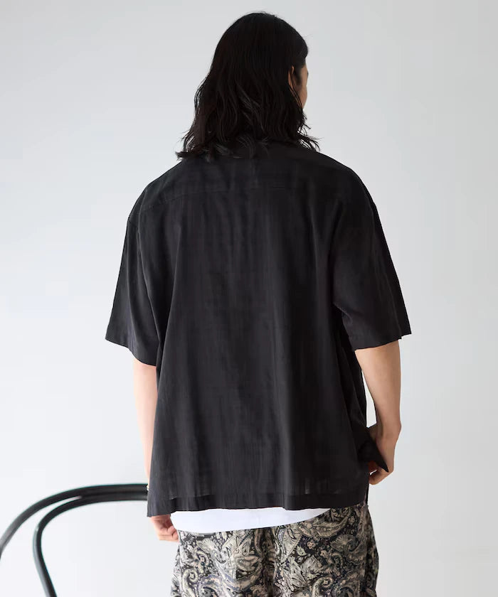 Jacquard Relaxed Fit Open Collar Short Sleeve Shirt Semi-Sheer Dobby Weave