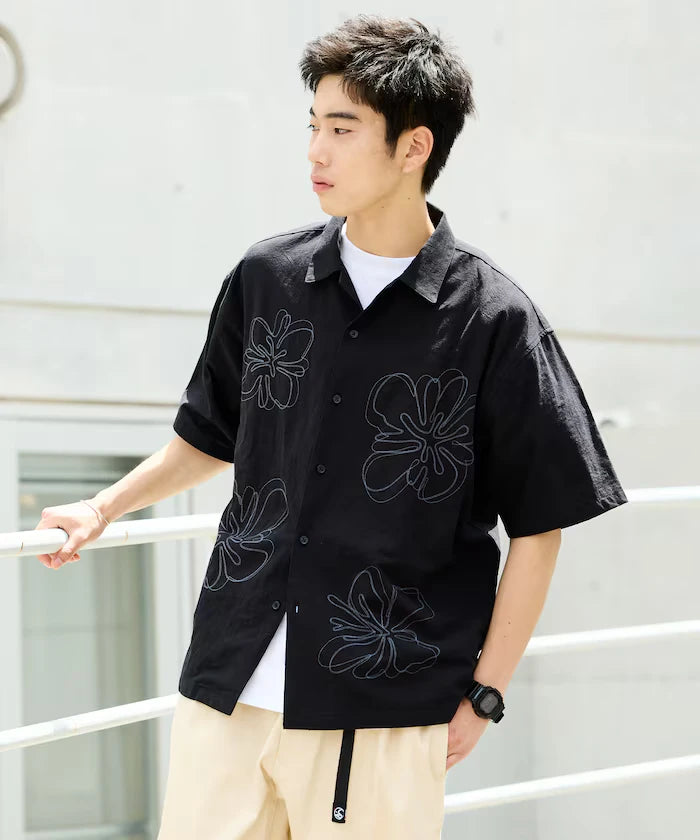 Relaxed Fit Floral Embroidered Short Sleeve Open Collar Shirt [Limited Edition]