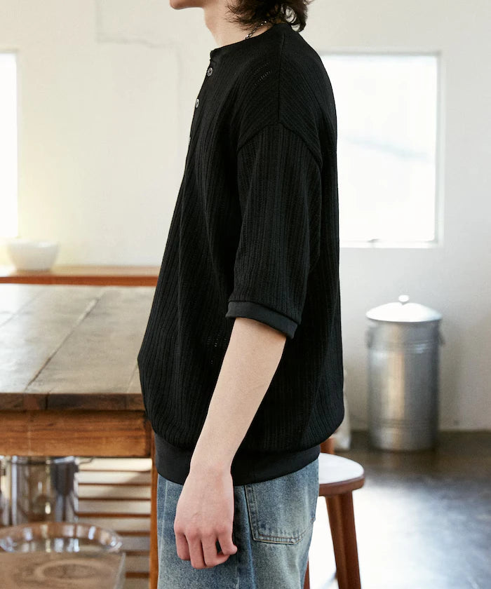 LOVE POP STUDIO Pattern Mesh Henley Neck T-Shirt Limited Release