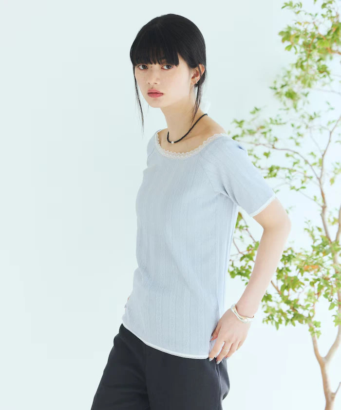 Boat Neck Pullover Knit Lace T-Shirt