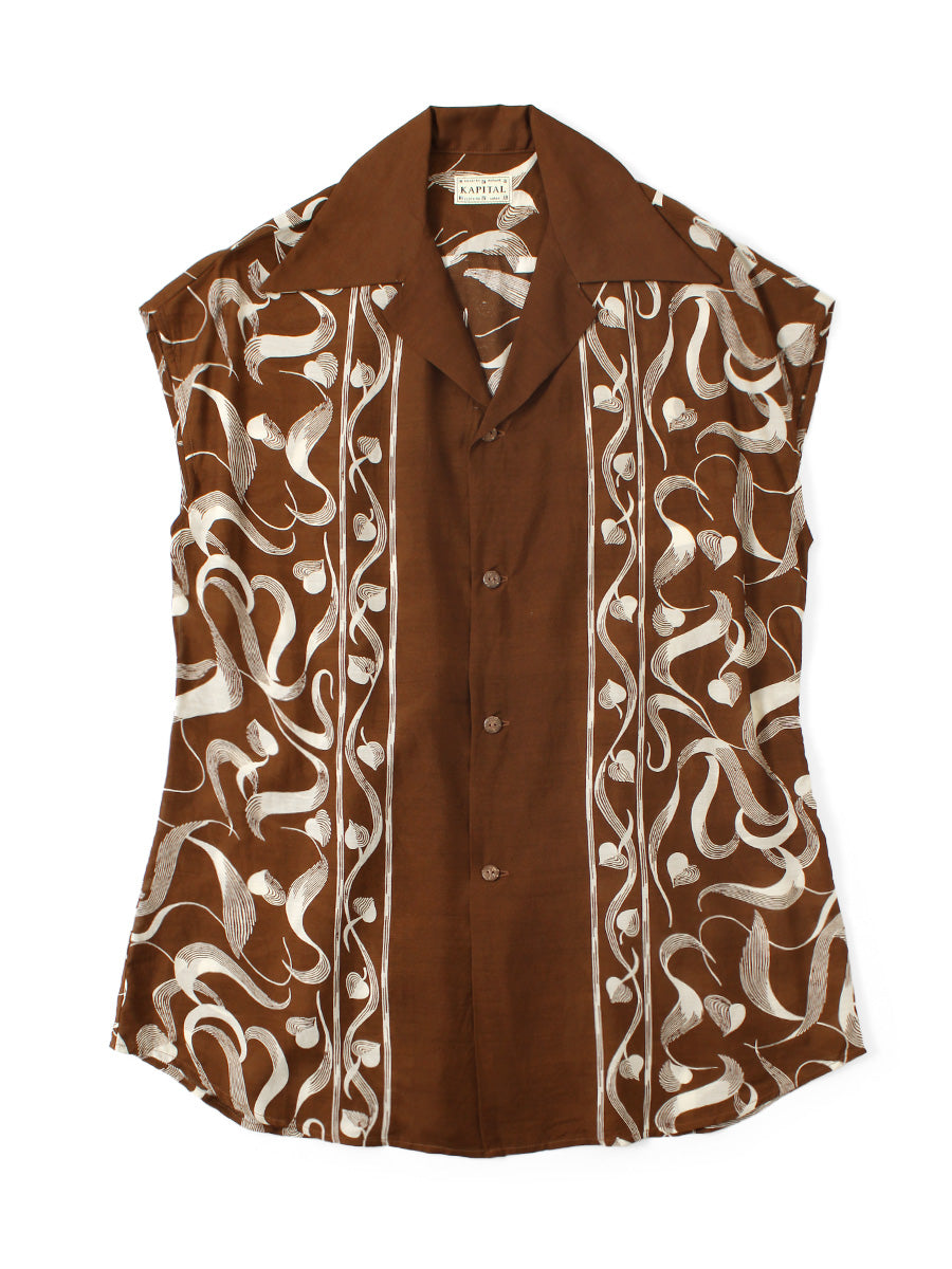 Silk Rayon Okra Pattern French Sleeve Open Collar Shirt