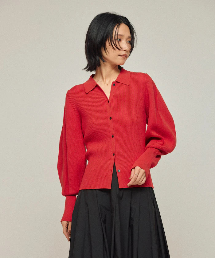 Functional material silk blend knit polo volume sleeve knit cardigan / anti-pill / machine washable