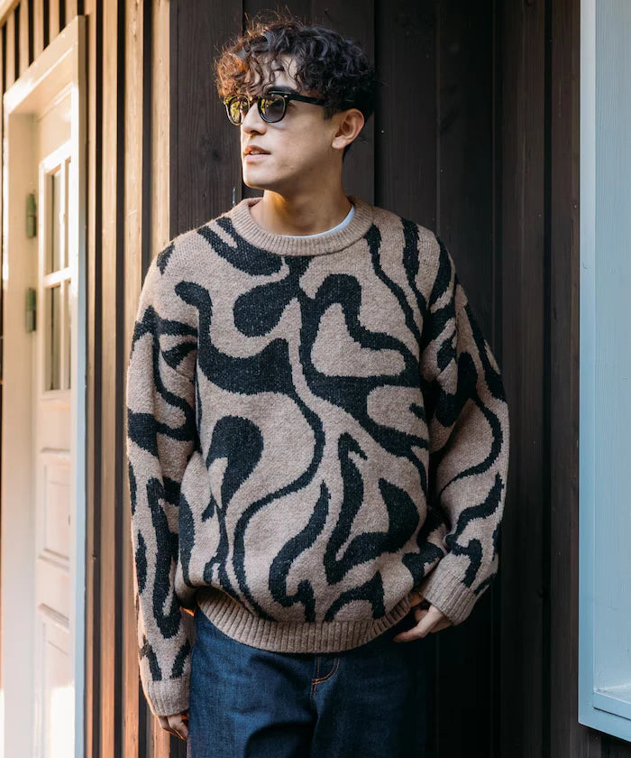 All-over Pattern Double Jacquard Knit Crew Neck Pullover / Relaxed Fit