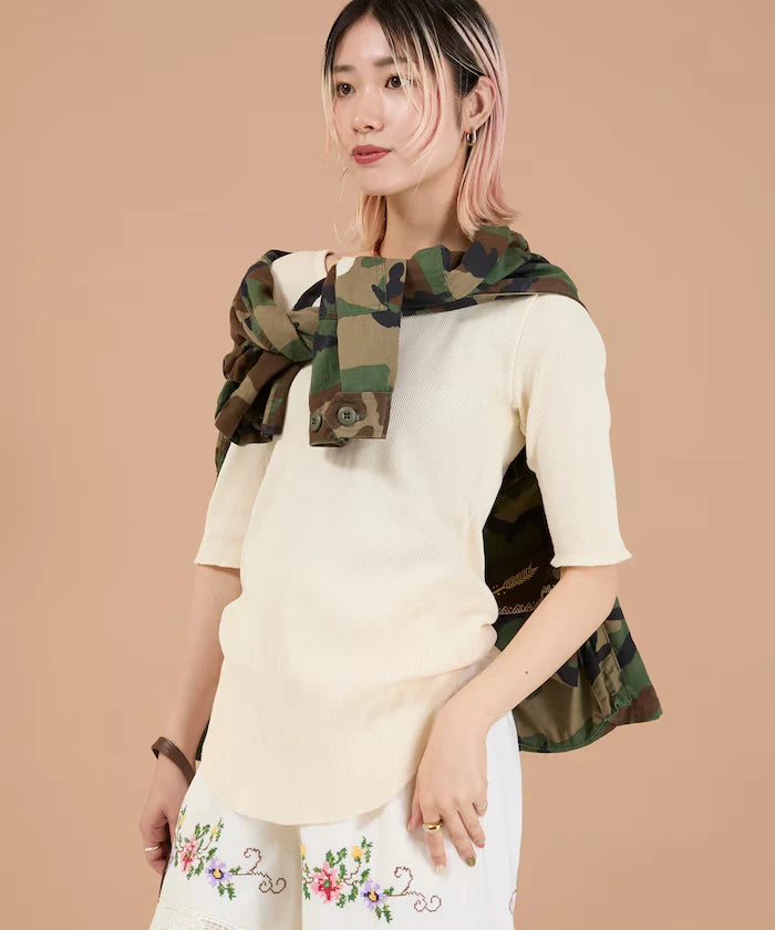Ribbon Tied 2WAY Waffle 5 Sleeve T-Shirt
