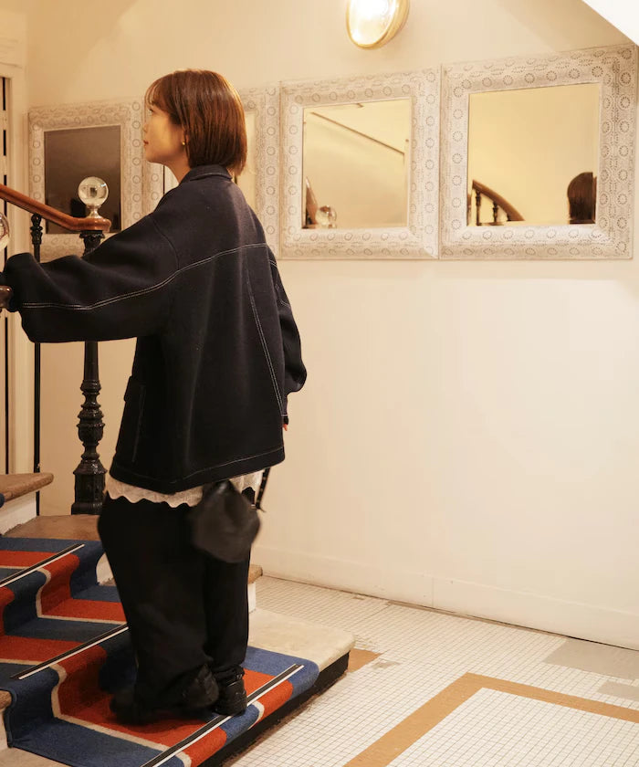 Oversized Wool Blend Knit Coverall / Color Stitch Knit Jacket