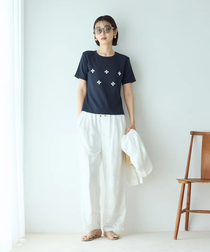 Shell Button Flower Motif Cotton Modal T-Shirt