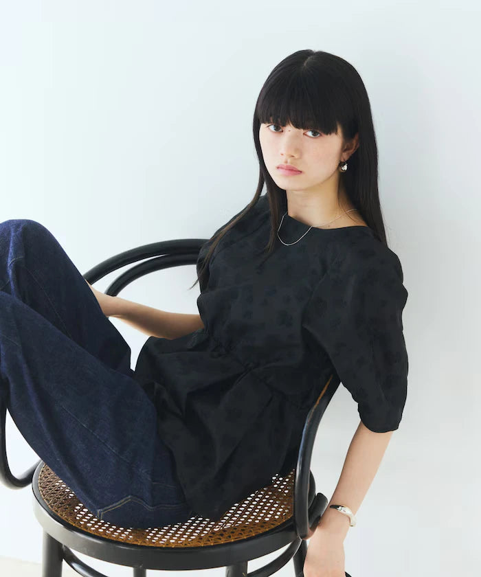 Flower Sheer Jacquard Volume Sleeve Peplum Blouse / 5 Minutes Sleeve