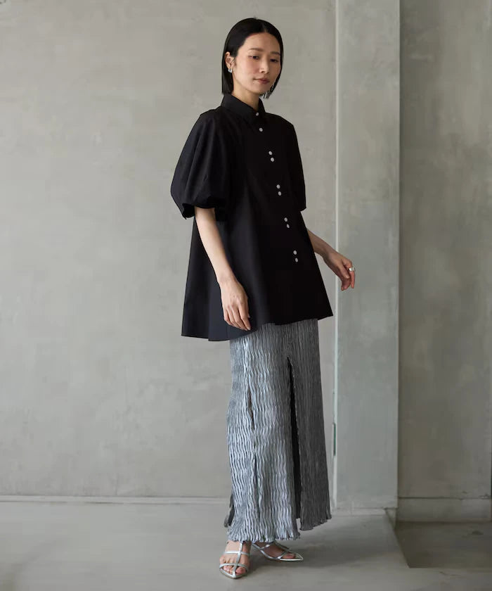 Switching Design Balloon Sleeve Shirt / 5-Minute Sleeve Blouse