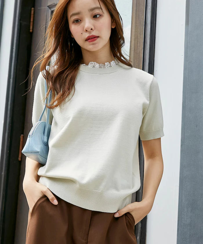 Lace Docking Short Sleeve Knit Top Limited Edition