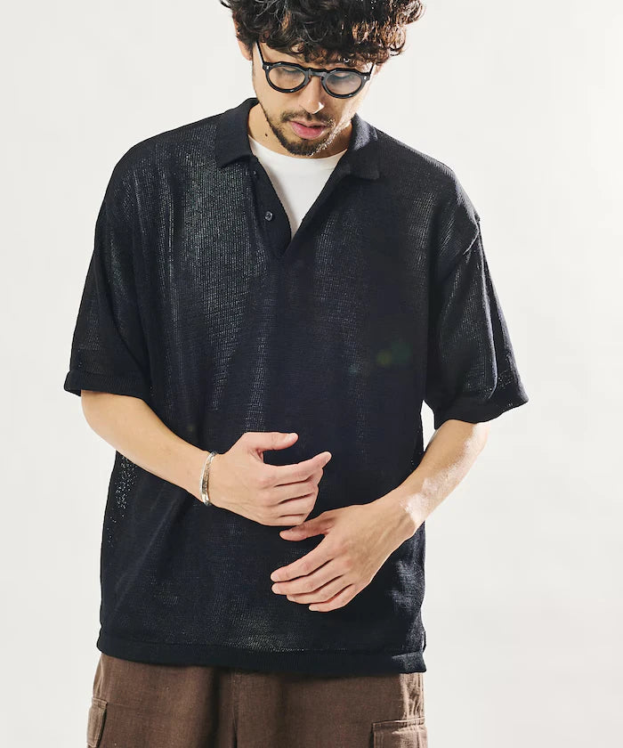 Sheer Knit Polo Shirt & Cotton T-Shirt Layered Set