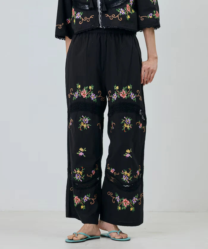 India Flower Cross Embroidery Lace Pants