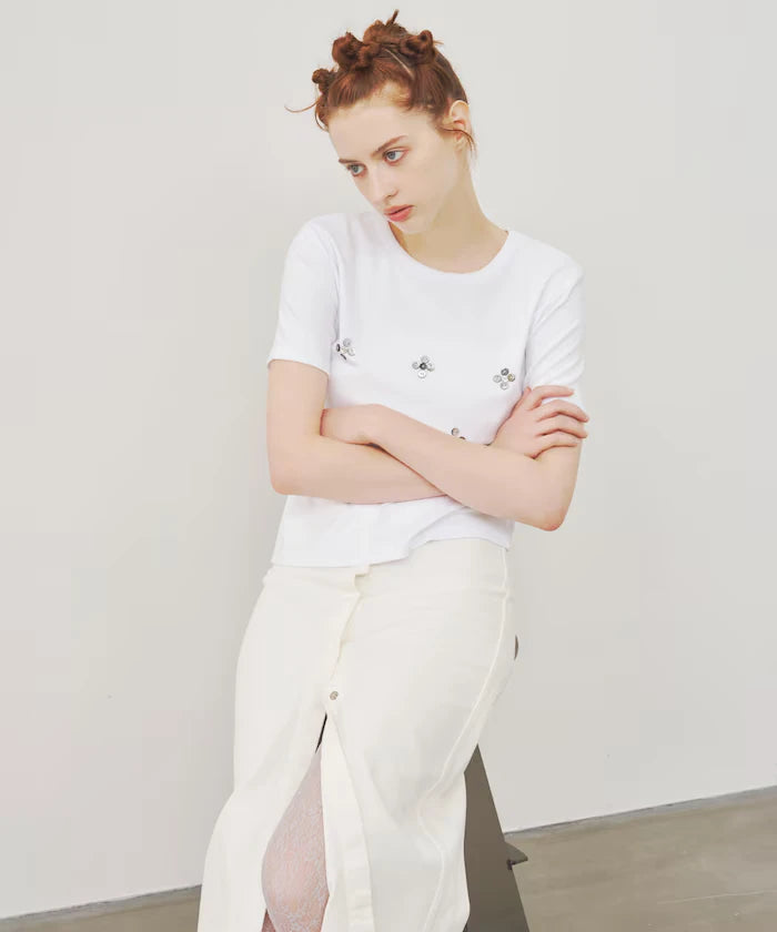 Shell Button Flower Motif Cotton Modal T-Shirt