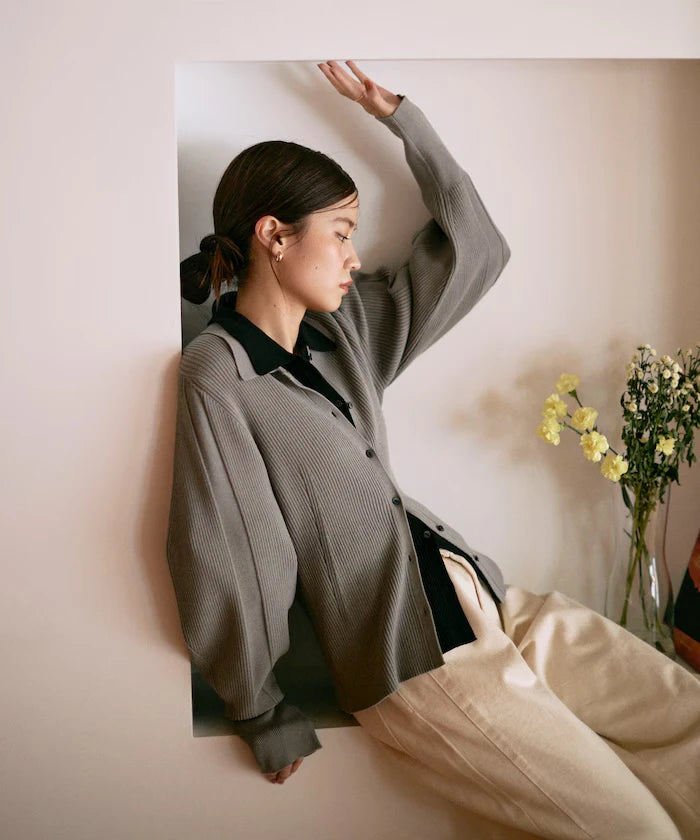 Functional material silk blend knit polo volume sleeve knit cardigan / anti-pill / machine washable