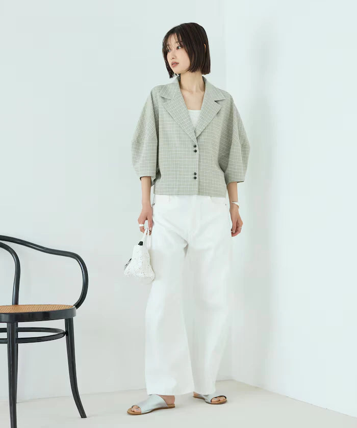 Collar Check Balloon Sleeve Shirt / Compatible with Setup