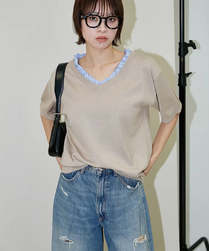Shirt Frill V-Neck Half Sleeve Summer Knit Limited Edition