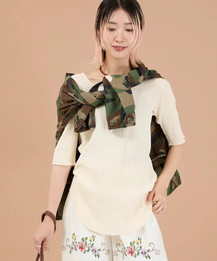 Ribbon Tied 2WAY Waffle 5 Sleeve T-Shirt