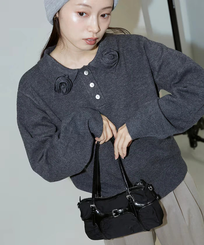 Polo knit pullover with flower motif - limited edition