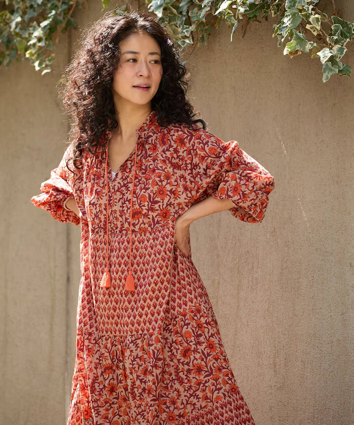India Flower Print 4-Tiered Dress