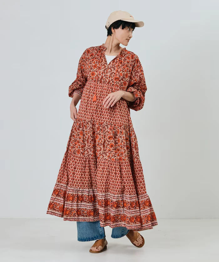 India Flower Print 4-Tiered Dress
