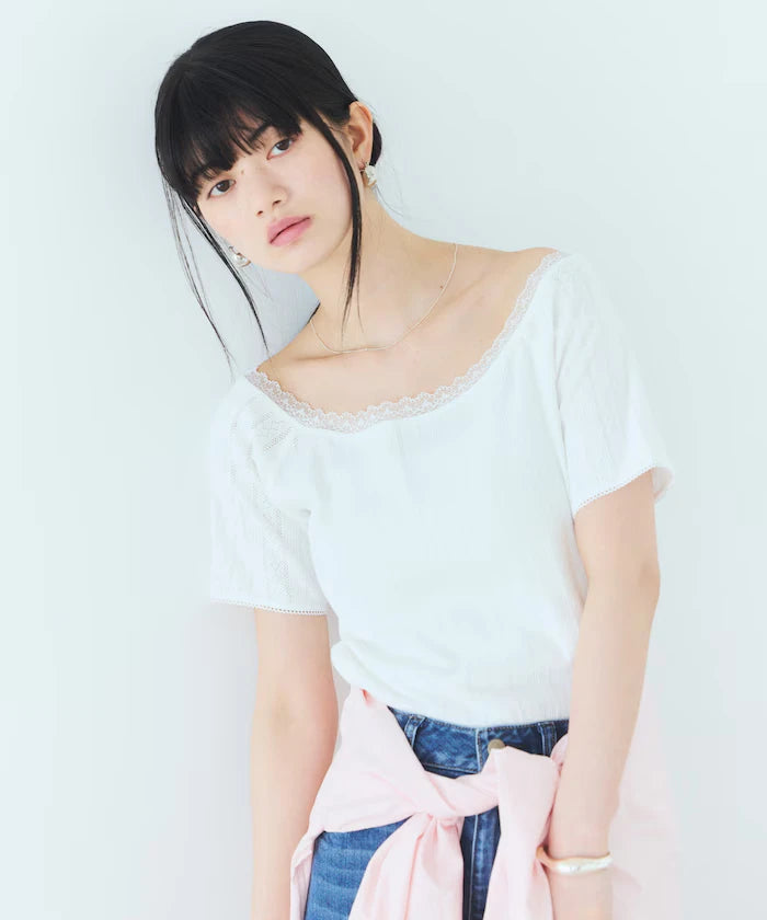 Boat Neck Pullover Knit Lace T-Shirt