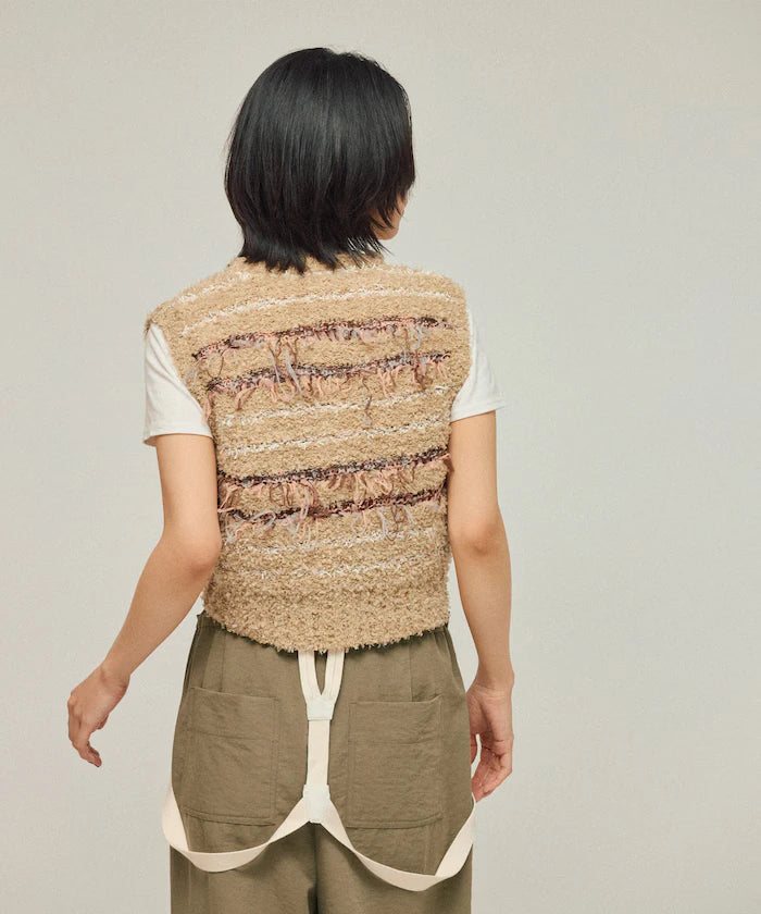 Mixed Material Fringe Knit Vest / Striped Knit Gilet
