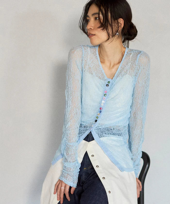 Many Button Lace Shirring Cardigan