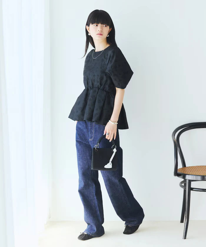 Flower Sheer Jacquard Volume Sleeve Peplum Blouse / 5 Minutes Sleeve