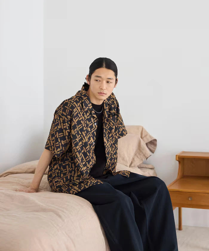 Mesh Open Collar Pattern Short Sleeve Shirt / Allover Design Open Collar Shirt / Big Silhouette