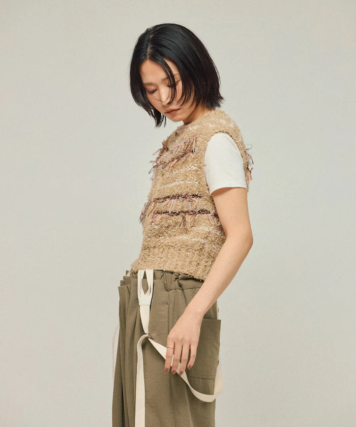 Mixed Material Fringe Knit Vest / Striped Knit Gilet