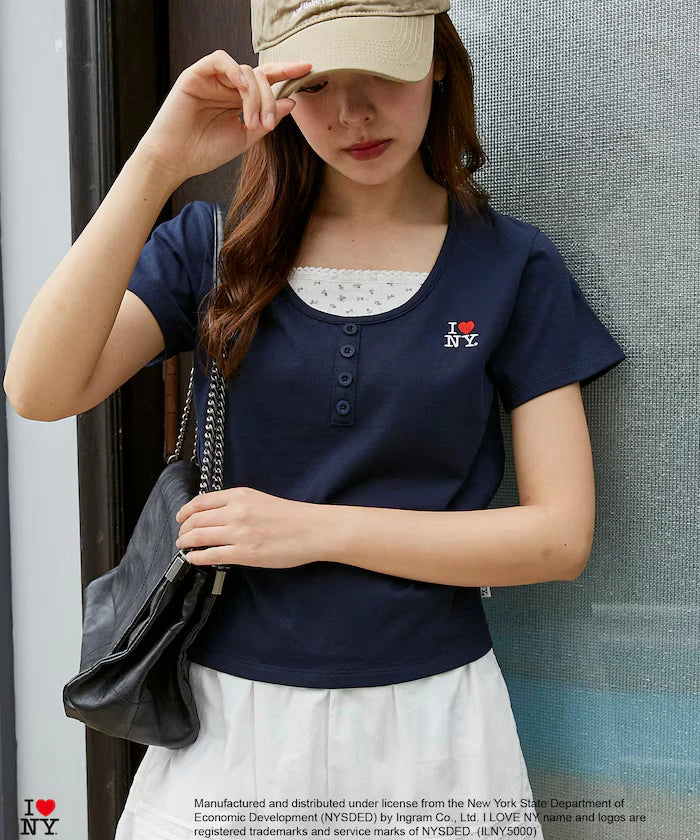 I LOVE NY Floral Pattern Layered Style Henley Neck T-Shirt Limited Edition