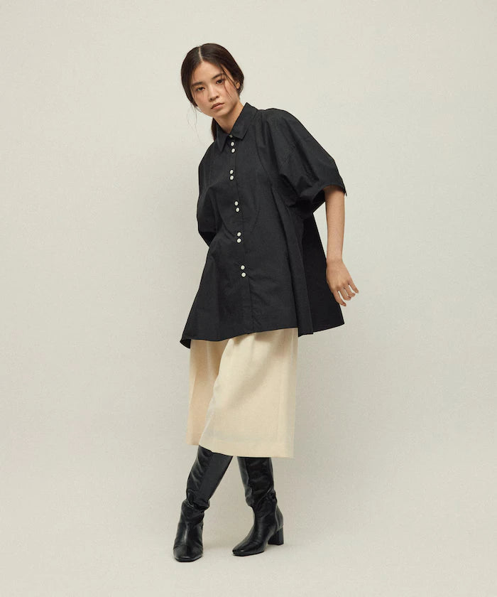 Switching Design Balloon Sleeve Shirt / 5-Minute Sleeve Blouse