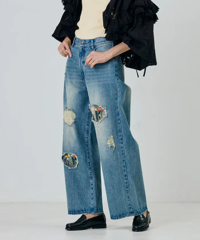 Flower Embroidery Wide Denim