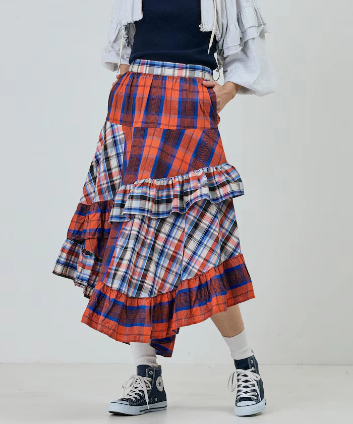 Check x Check Asymmetrical Frill Skirt