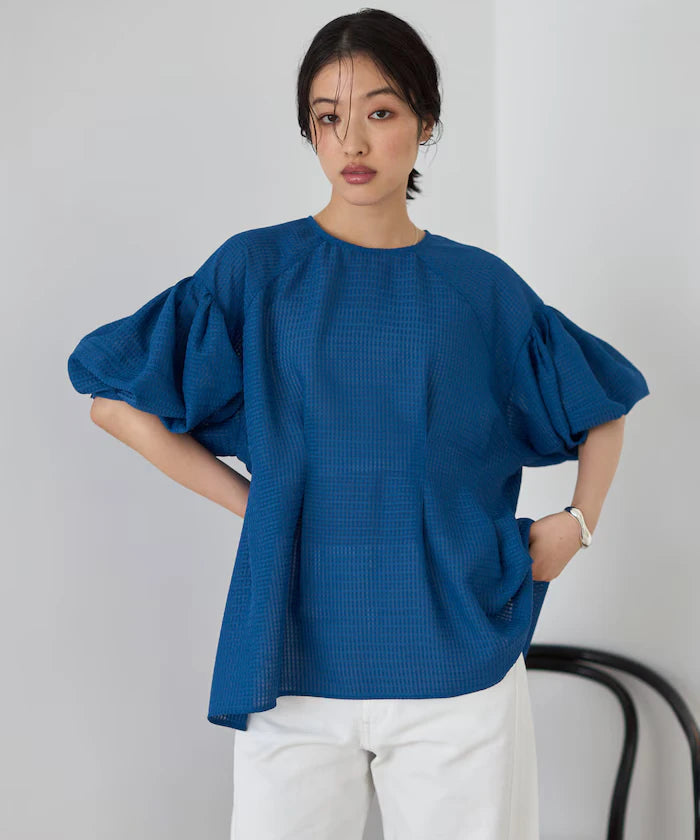 Sheer Check Balloon Sleeve Blouse